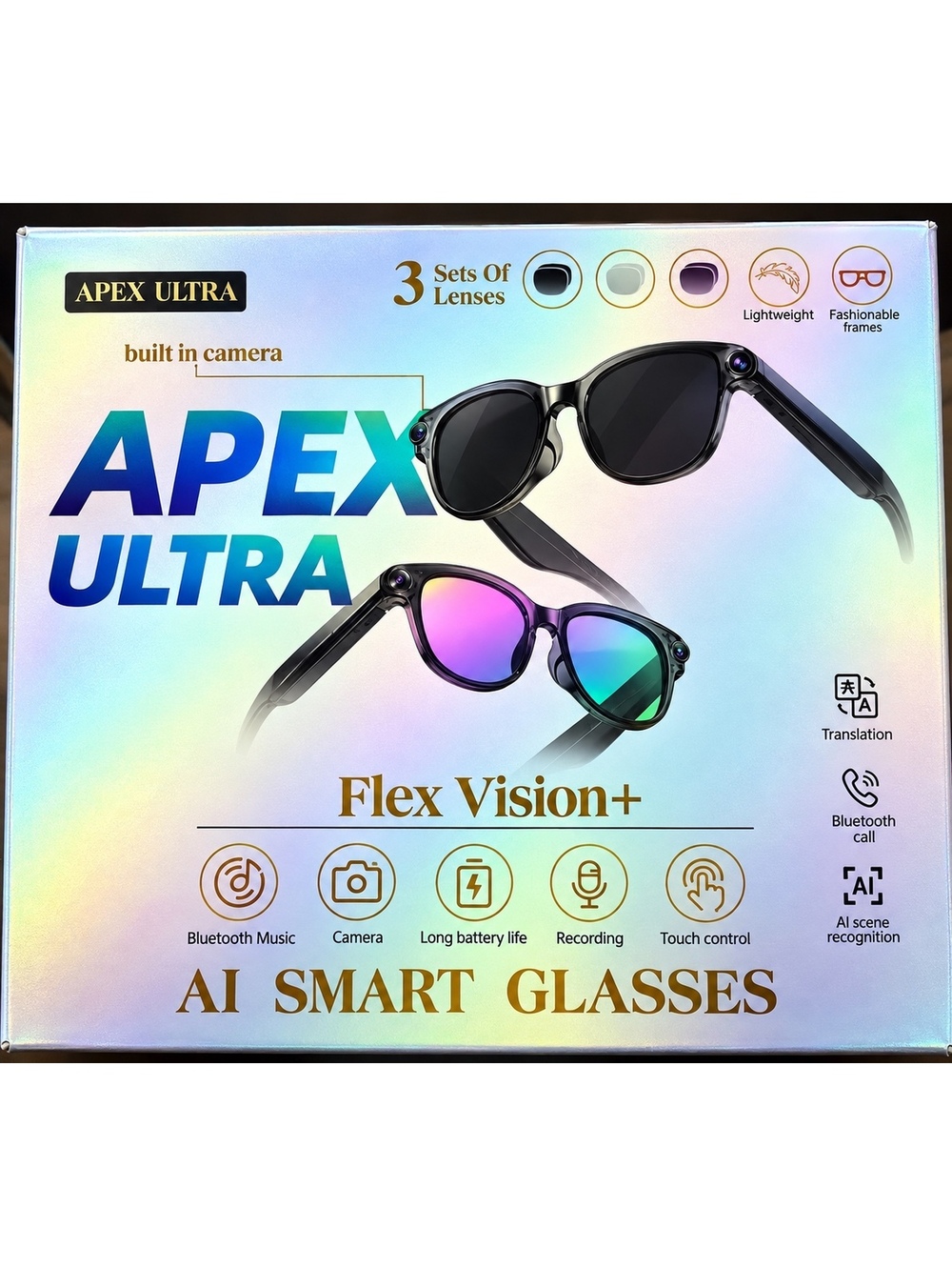 APEX ULTRA AI Smart Glasses with Built-in Camera, Bluetooth, and 3 Sets of Lense